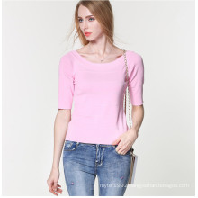 Casual blank pink wholesale clothing women scoop neck pullover half sleeve sweater